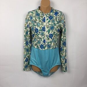 Land's End Tugless Sporty UPF 50 Floral Gingham Long Sleeve Swimsuit Size 12